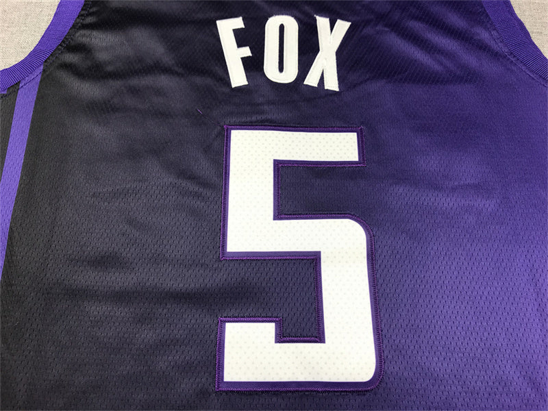 Sacramento Kings De’Aaron Fox number 5 jersey full front with purple black gradient and checkerboard sides