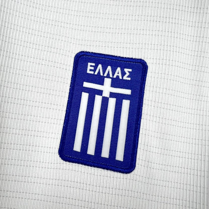 Back view of the white Greece Away Jersey 2026 with blue collar and shoulder trim
