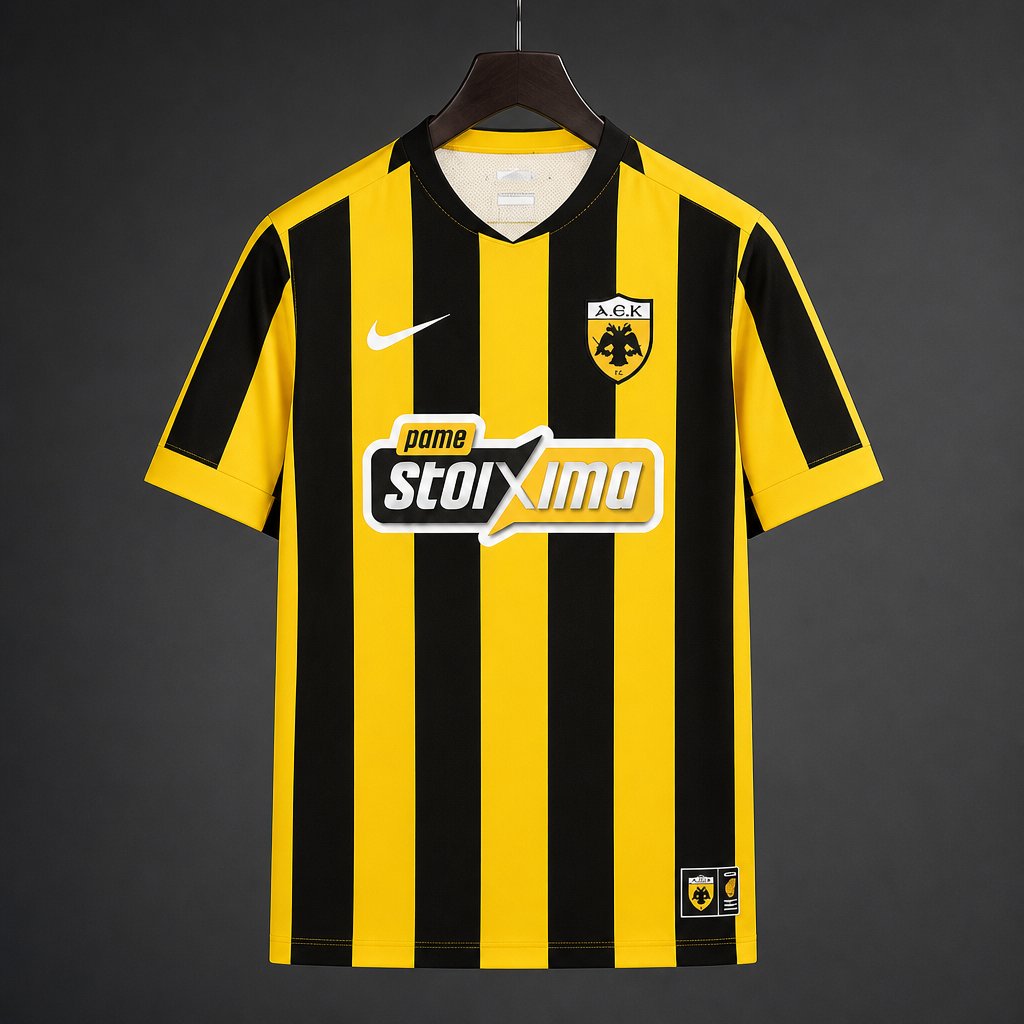AEK Athens Home Jersey 2026/27 front view with yellow and black vertical stripes