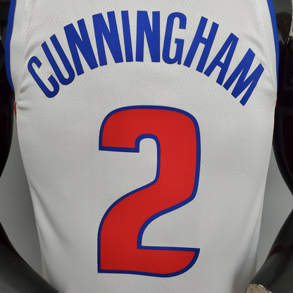 Blue Cunningham name and red number 2 on white Pistons jersey back