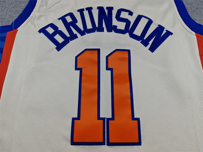 New York Knicks Jalen Brunson number 11 cream jersey full front