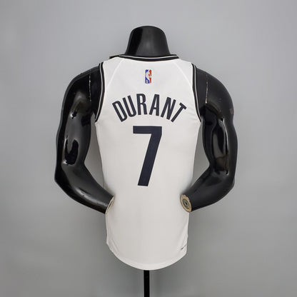 Brooklyn Nets Kevin Durant number 7 white jersey front with black Brooklyn lettering and V-neck trim