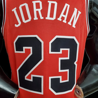 Jordan name and number 23 on the back of red Chicago Bulls jersey