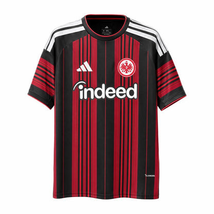 Close-up of the chest logo and striped fabric on the Eintracht Frankfurt 2026/27 home jersey