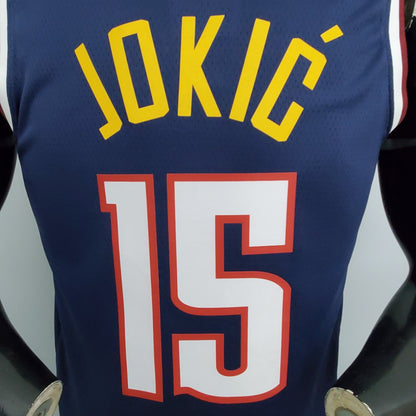 Denver Nuggets navy basketball jersey hem label close-up