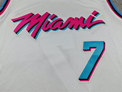 Miami Heat Giannis Antetokounmpo number 7 white jersey full front with pink and blue details