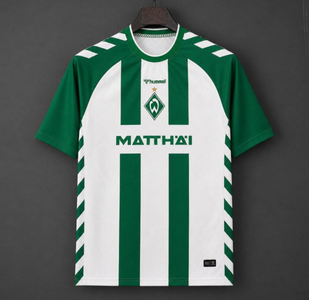Werder Bremen Home Jersey 2026/27 front view with green stripes, white base and central club crest
