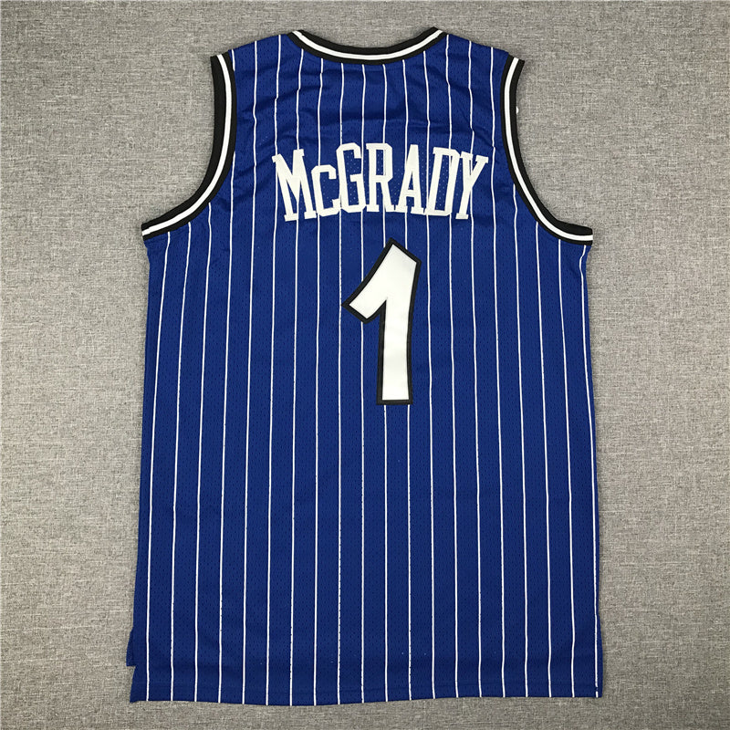 White Orlando star lettering and number 1 chest detail on blue pinstripe jersey