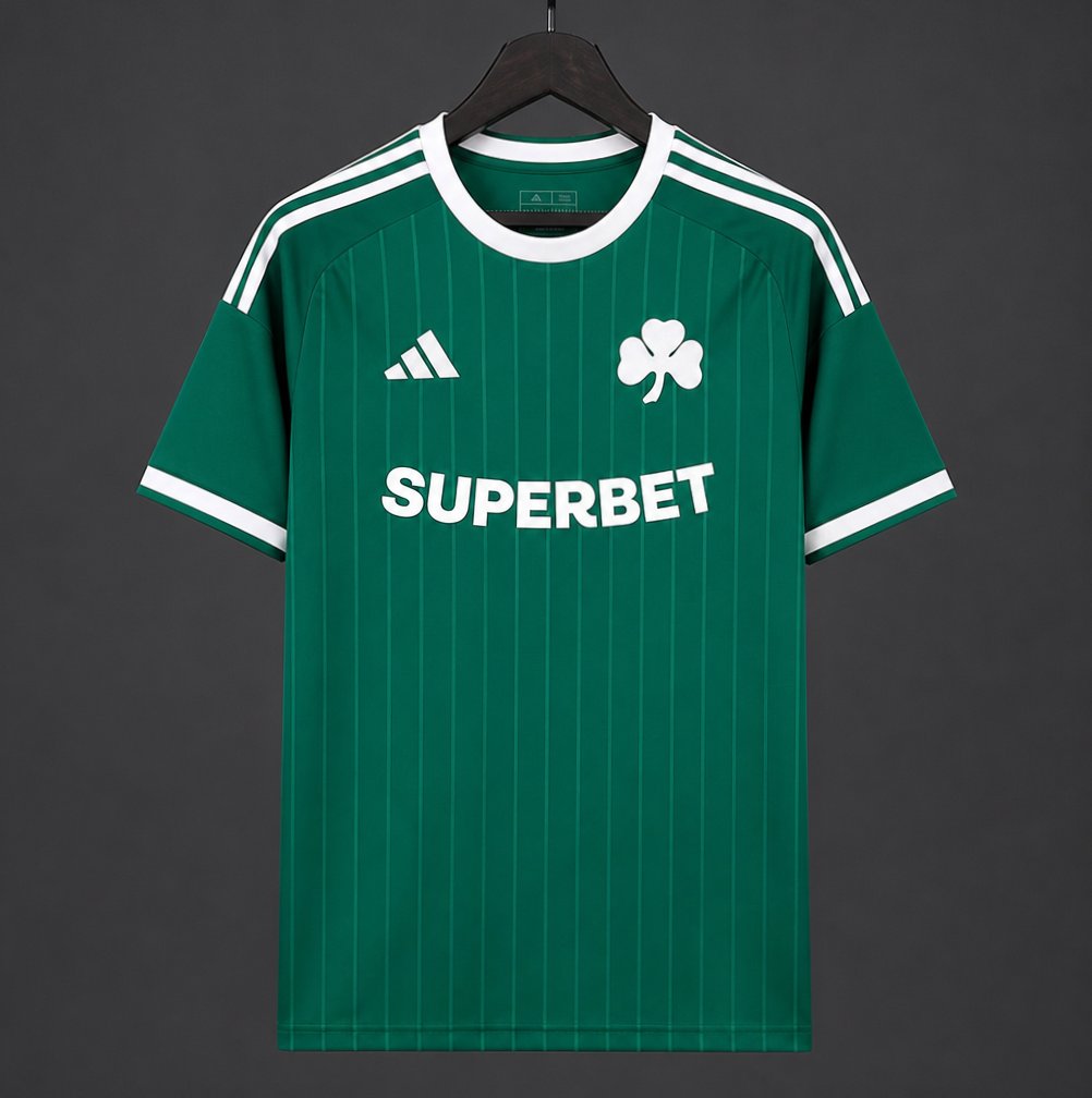 Front view of the Panathinaikos 2026/27 home jersey in deep green with white shoulder stripes, shamrock crest, and tonal pinstripes
