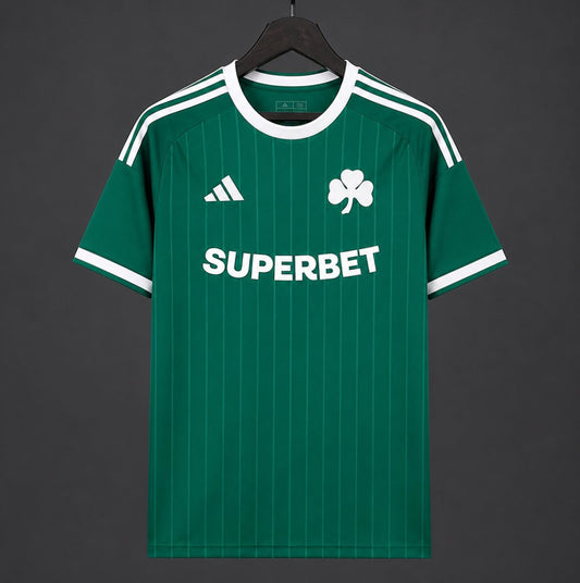 Front view of the Panathinaikos 2026/27 home jersey in deep green with white shoulder stripes, shamrock crest, and tonal pinstripes