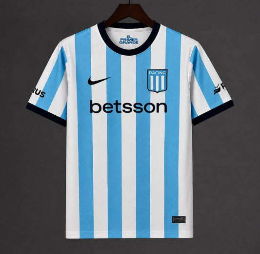 Racing Club Home Jersey 2026 front with sky-blue and white stripes, club crest and navy trim