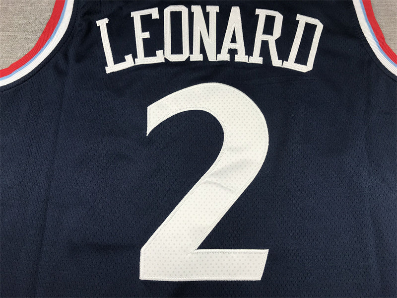 White Leonard lettering and number 2 detail on navy Clippers jersey