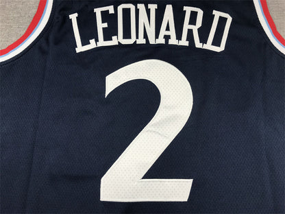 White Leonard lettering and number 2 detail on navy Clippers jersey