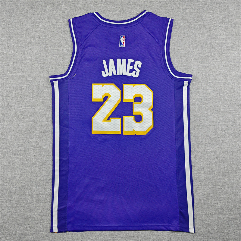 James name and white number 23 with gold outline on purple Lakers jersey
