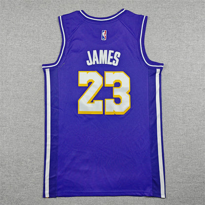 James name and white number 23 with gold outline on purple Lakers jersey