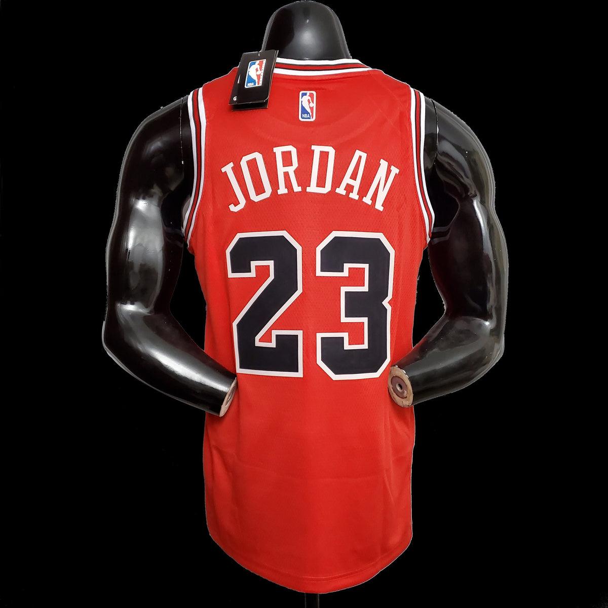 Chicago Bulls red basketball jersey hem label close-up