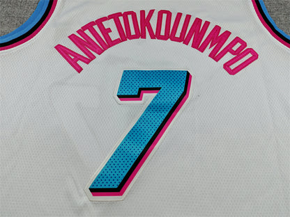Pink Antetokounmpo lettering and blue number 7 back detail