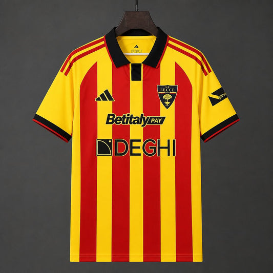 Lecce Home Jersey 2026/27 yellow back view with red-striped lower panel