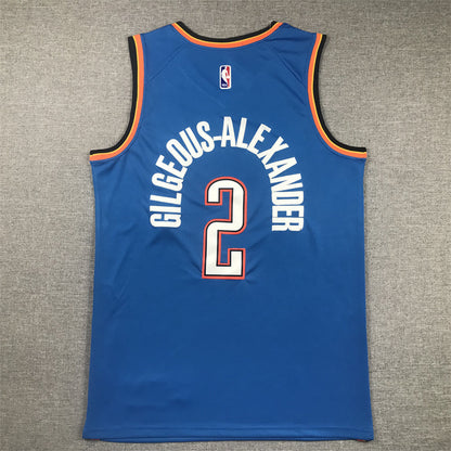 White Gilgeous-Alexander lettering and number 2 back detail on blue Thunder jersey