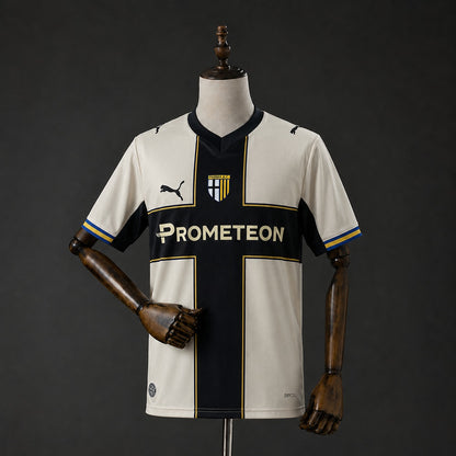 Parma Home Jersey 2026/27 cream-white back view with black side panels and blue and yellow cuffs