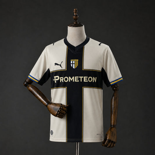 Parma Home Jersey 2026/27 cream-white back view with black side panels and blue and yellow cuffs