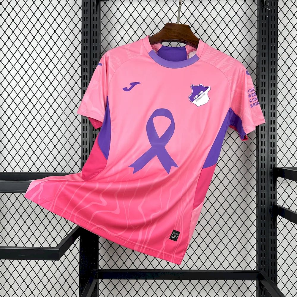 Hoffenheim Pink October Jersey 2025/26 front view with purple ribbon graphic and pink patterned design