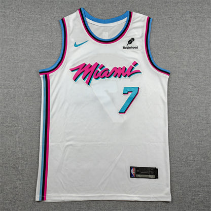Pink Miami script and blue number 7 chest detail on white jersey