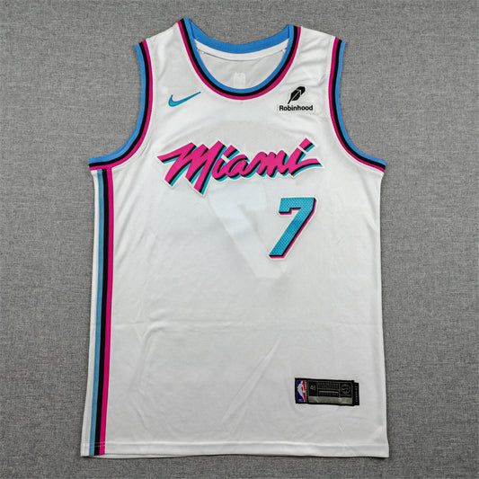Pink Miami script and blue number 7 chest detail on white jersey