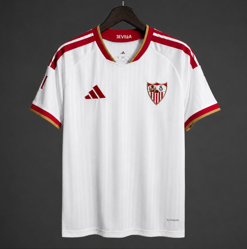 Front view of the white Sevilla Home Jersey 2026/27 with red and gold detailing