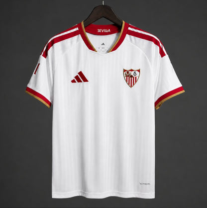 Front view of the white Sevilla Home Jersey 2026/27 with red and gold detailing