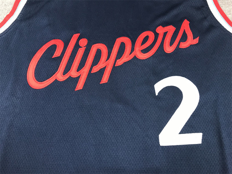 Red Clippers script and white number 2 chest detail on navy jersey