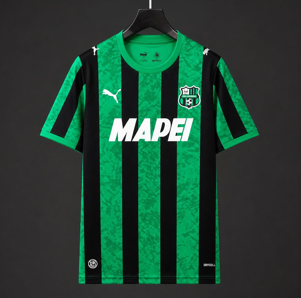 Sassuolo Home Jersey 2026/27 front view with green and black stripes and tonal patterning