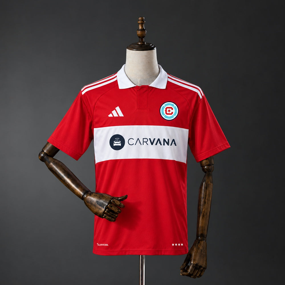 Chicago Fire Home Jersey 2026 front in red with white chest band and white fold-over collar