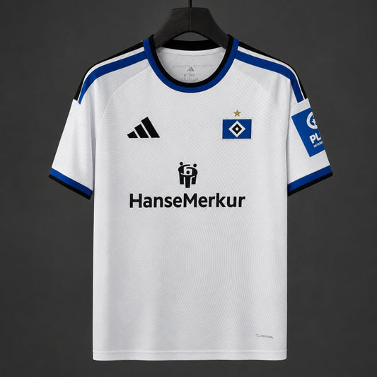 Hamburger SV Home Jersey 2026/27 front view in white with blue-and-black trim and club crest
