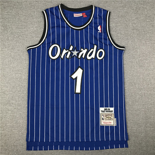 Orlando Magic Tracy McGrady number 1 blue pinstripe jersey full front