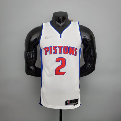 Red Pistons lettering and number 2 outlined in blue on white jersey