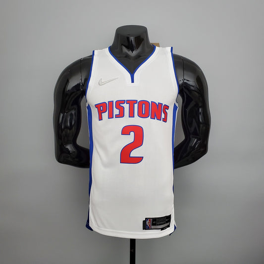 Red Pistons lettering and number 2 outlined in blue on white jersey