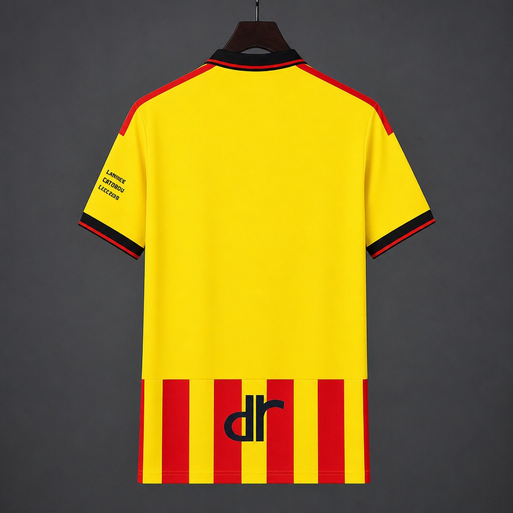 Lecce Home Jersey 2026/27 front view with red and yellow stripes and black polo collar