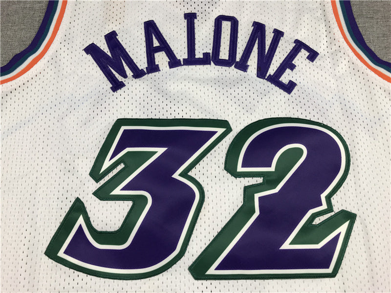 Utah Jazz Karl Malone number 32 white jersey full front with purple mountain graphic