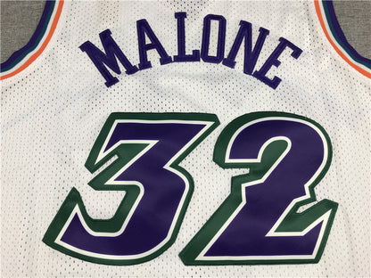 Utah Jazz Karl Malone number 32 white jersey full front with purple mountain graphic