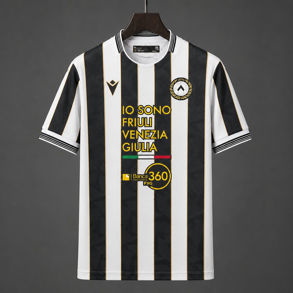 Udinese Home Jersey 2026/27 front view with black and white stripes and gold accents