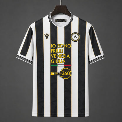 Udinese Home Jersey 2026/27 front view with black and white stripes and gold accents