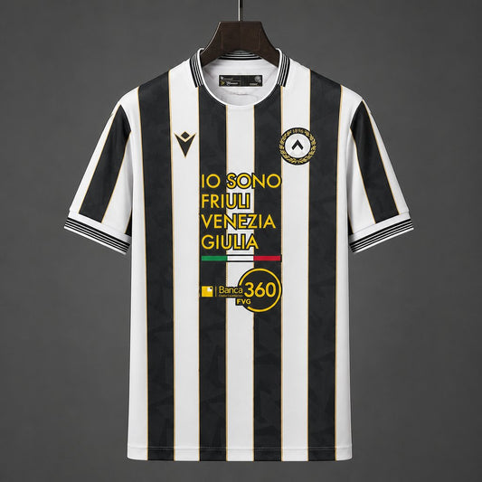 Udinese Home Jersey 2026/27 front view with black and white stripes and gold accents