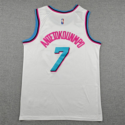 Miami Heat Giannis Antetokounmpo number 7 white jersey full back