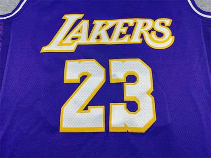 White and gold Lakers lettering and number 23 chest detail on purple jersey