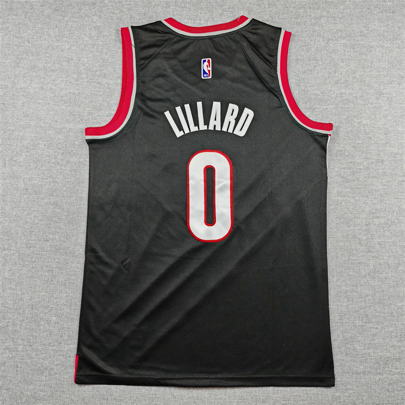 Portland Trail Blazers Damian Lillard number 0 black jersey front with diagonal red white and silver stripes