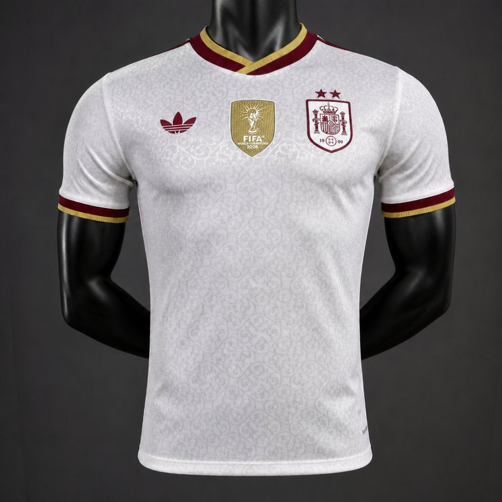 Back view of the white Spain 2026 World Cup Champions jersey with red and gold collar and sleeve trim
