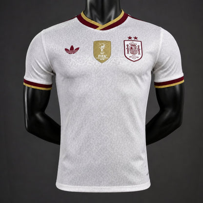 Back view of the white Spain 2026 World Cup Champions jersey with red and gold collar and sleeve trim
