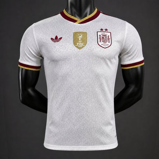 Back view of the white Spain 2026 World Cup Champions jersey with red and gold collar and sleeve trim