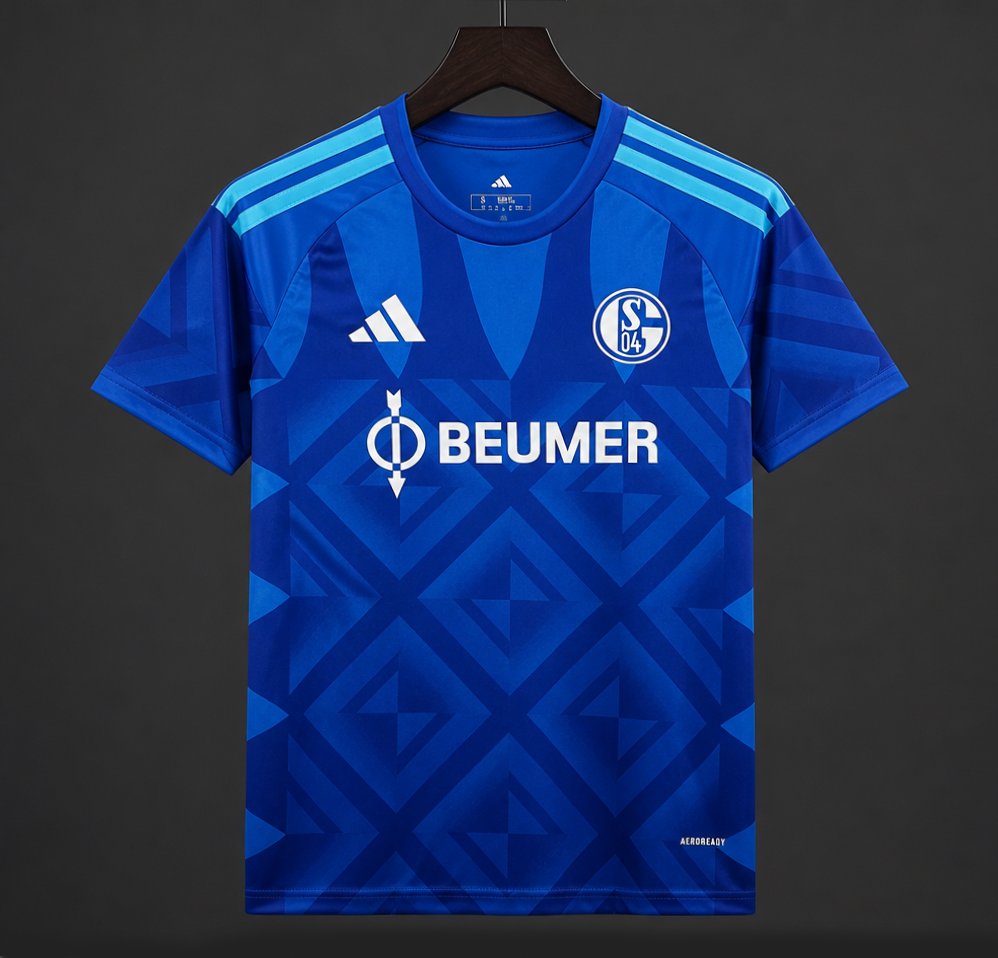 Schalke 04 Home Jersey 2026/27 front view in royal blue with geometric pattern and white club crest
